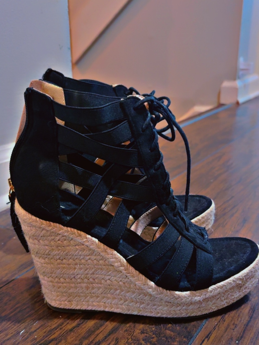 Black Lace-Up Espadrille Wedge Sandals